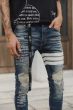 Hold'em “Quotes” White Leatehr Patch knee Dark blue Washed jeans 