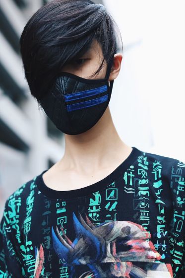 Black Quilted Leather Mask with meltallic blue