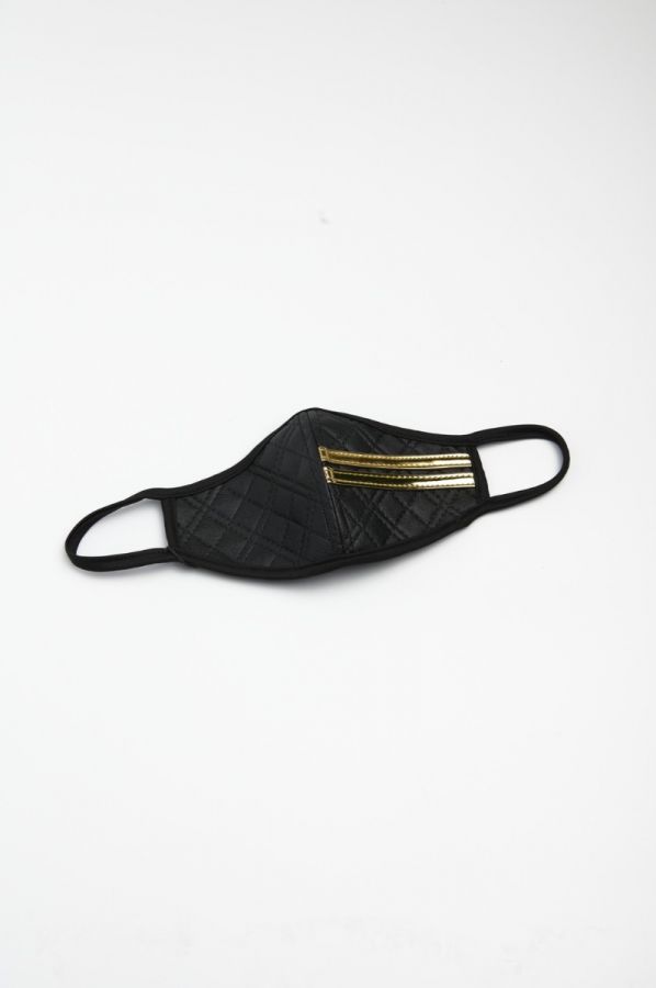 Black Quilted Leather Mask with Gold Strap