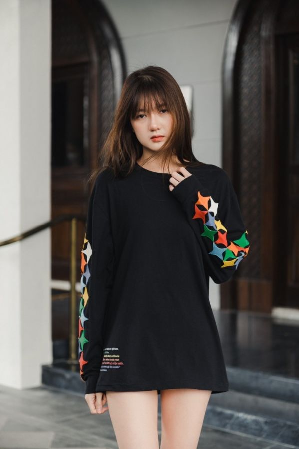 Multicolor Cross and diamond patch leather long sleeves tee